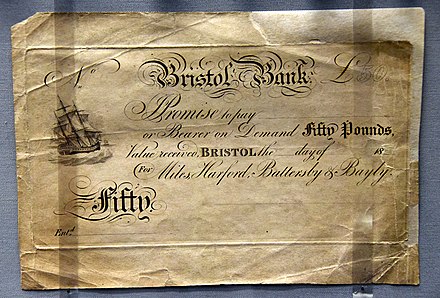 Bristol Bank 50 pound note, proof. Bristol, England, 1830s. On display at the British Museum in London
