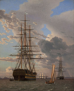 <i>The Russian Ship of the Line "Asow" and a Frigate at Anchor in the Roads of Elsinore</i> Painting by Christoffer Wilhelm Eckersberg