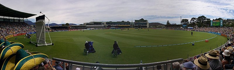 Australia vs New Zealand playing a one-day game at Bellerive Oval in Hobart, one of Australia's smaller international cricket grounds CG-BelleriveOval-pano.jpg