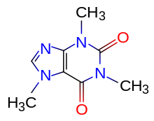 This structural formula for molecule caffeine shows a graphical representation of how the atoms are arranged. Caffeine.svg