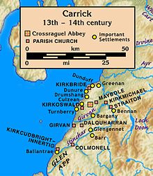 Map of Carrick, 13th–14th century, on the east shore of a large body of water. Its center was Crossraguel Abbey about 5 km inland. Nine parish churches and eleven important settlements ranged from Ballantrae in the south at the mouth of the Stinchar, then 40 km north to Greenan at the mouth of the Doon, and east to Bennan about 20 km up the Girvan.
