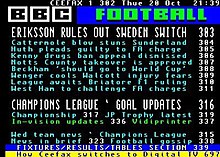 A British Ceefax football index page from October 2009, showing the three-digit page numbers for a variety of football news stories Ceefax football index.jpg