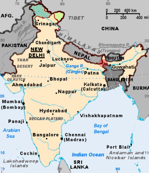 The Siliguri Corridor is the strip of Indian territory within the red highlighted circle.