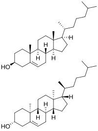 Natural cholesterol (top) and ent-cholesterol (bottom) Cholesterol and ent-cholesterol.svg