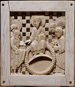 10th-century Ottonian ivory plaque depicting Christ receiving a church from Otto I Christ Magdeburg Cathedral Met 41.100.157.jpg