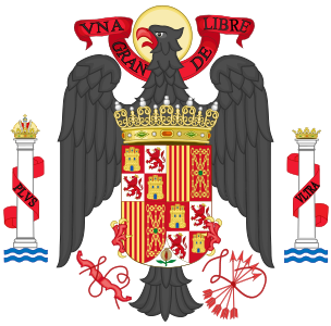Francoist Spain's coat of arms incorporates the mottos "Una Grande Libre" and Plus Ultra. It consists of the traditional Spanish escutcheon (the arms of Castile, Leon, Aragon, Navarre and Granada), as well as other heraldic icons such as the Pillars of Hercules. It includes elements adopted from the Catholic Monarchs such as the Eagle of Saint John and the yoke and arrows. See also: Symbols of Francoism. Coat of arms of Spain (1945-1977).svg