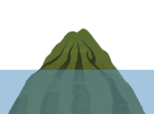 Анимация, показывающая нетронутый вулкан, который постепенно уменьшается в размерах, а часть лавы по его периметру заменяется кораллами.