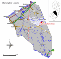 Burlington County Ülke Lake Estates CDP Haritası. Inset: New Jersey'deki Burlington County'nin konumu.