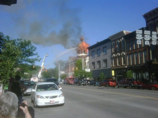 The Jefferson County Courthouse dome engulfed in flames.