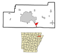 This map shows the incorporated and unincorporated areas in Craighead County, Arkansas, highlighting Bay in red. It was created with a custom script with US Census Bureau data and modified with Inkscape.