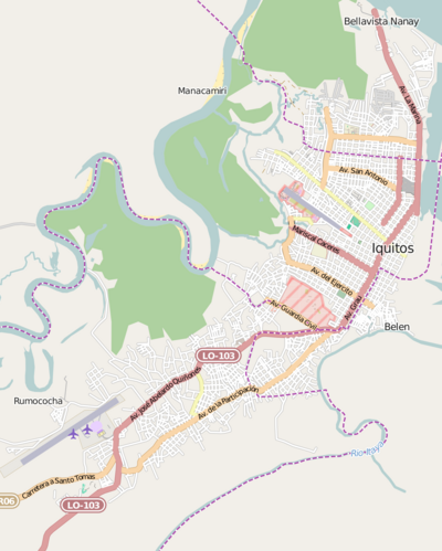 Mapa general de la Ciudad de Iquitos y su área metropolitana. Haga clic sobre un distrito para leer su artículo principal respectivo.