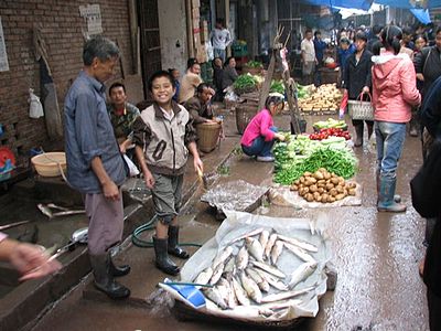 Fish farmer at peasant market in Danshan, Sichuan in September 2005