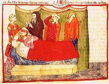 Iluminace zobrazující místnost, v níž se nachází postel, na které přikrytý peřinou leží muž s korunou na hlavě a zakloněnou hlavou, který má ruce zkřížené na hrudi. Za postelí stojí čtyři postavy, z nichž tři jsou oděny v červených rouchách a bědují. Čtvrtá postava má vousy a je oblečena do černého mnišského hábitu.