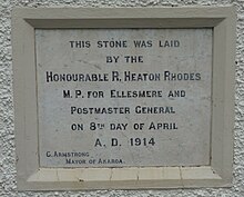 Foundation stone on the former Akaroa Post Office, commemorating Heaton Rhodes as Postmaster-General Dec 2015 Akaroa 640.JPG