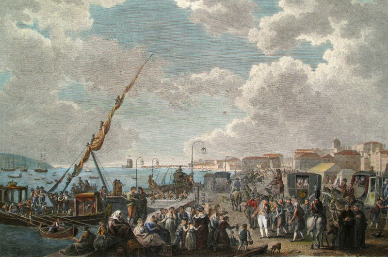 File:Departure of H.R.H. the Prince Regent of Portugal for the Brazils (Campaigns of the British Army in Portugal, London, 1812) - Henry L'Evêque, F. Bartollozzi.png