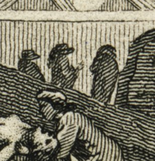 Charles Lamb picked out this detail of a funeral procession in Gin Lane as a mark of Hogarth's skill: "extending of the interest beyond the bounds of the subject could only have been conceived by a great genius". Detail Gin Lane.png