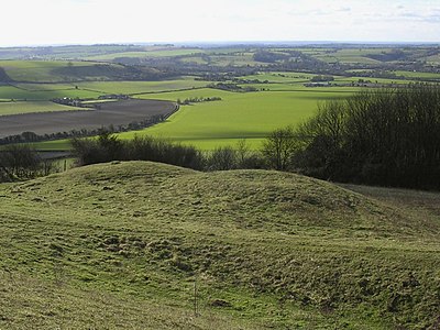 Double round barrow on Old Winchester Hill, looking down into the Meon Valley Double round barrow on Old Winchester Hill, looking down into the Meon Valley - geograph.org.uk - 25001.jpg