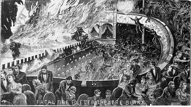 An illustration in Police Illustrated of the Exeter Theatre Royal fire, showing the scene inside in the dress circle