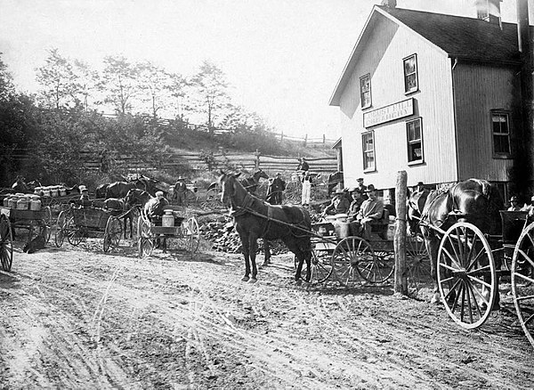 Farmers lined up to sell cream at Albert Reesor's Locust Hill Creamery, c. 1900 in Locust Hill, Ontario