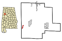 Fayette County Alabama Sisällytetyt ja rekisteröimättömät alueet Belk Highlighted.svg