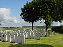 Bourlon wood is seen in the background of Flesquieres Hill British Cemetery. Flesquieres Hill British Cemetery.JPG