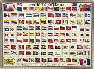 Johnson's new chart of national emblems, published c. 1868. The large flags shown in the corners are the 37-star flag of the United States (flown 1867-1890), upper left; the Royal Standard of the United Kingdom, upper, right; the Russian Imperial Standard, lower left; and the French tricolore with inset Imperial Eagle, lower right. Various other flags flown by ships are shown. The Flag of Cuba is labelled "Cuban (so called)". The Chinese dragon on the Flag of China was drawn mistakenly as a western dragon. Flickr - ...trialsanderrors - Johnson's new chart of national emblems, 1868.jpg