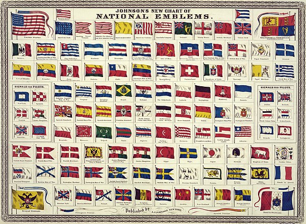 Johnson's new chart of national emblems, published c. 1868. The large flags shown in the corners are the 37-star flag of the United States (flown 1867