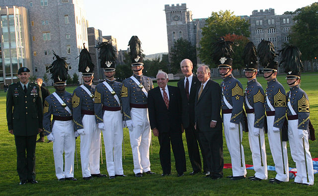 Secretary of the Army Pete Geren, center, with the U.S. Corps of Cadets senior leadership and Brig. Gen. Michael Linnington, far left, Commandant of t