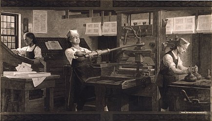 Benjamin Franklin (center) at work on a printing press. Reproduction of a Charles Mills painting by the Detroit Publishing Company. Franklin the printer2.jpg