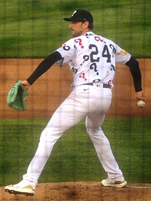 David Kubiak pitching in the team's initial uniform, May 12, 2023. Frederick ALPB uniform.jpg