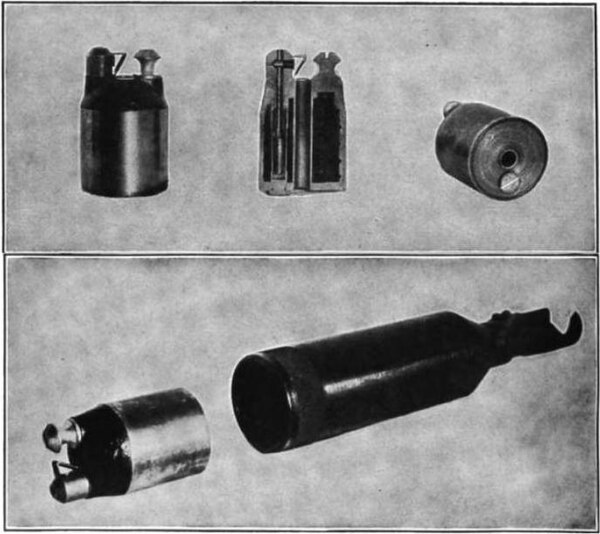 French V-B rifle grenade, a bullet trap type. Top shows views and cutaway of the grenade, bottom shows the grenade and grenade launcher, which is affi