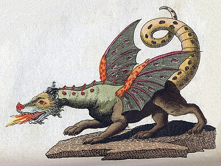 An artistic depiction of a mythical dragon in the process of breathing fire.