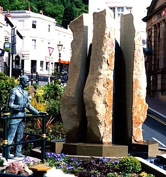 The Enigma Fountain and statue of Edward Elgar, a group of sculptures by artist Rose Garrard, on Belle Vue Terrace