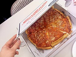 A freshly delivered stuffed pizza. Giordano's Pizzeria.jpg