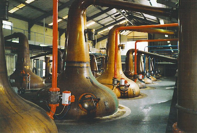 Swan-necked copper pot stills in the Glenfiddich distillery