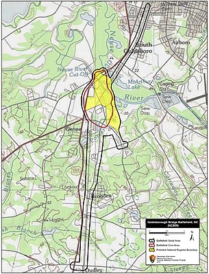 Map of Goldsborough Bridge Battlefield core and study areas by the American Battlefield Protection Program. Goldsborough Bridge Battlefield North Carolina.jpg