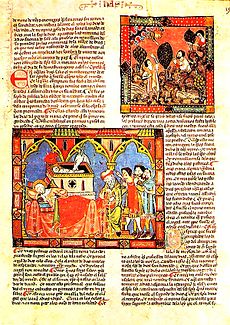 The Codice del Escorial (1272-1284) from Spain. Medieval manuscripts often used red-orange minium pigment in the letters of the text and for small illustrations, called miniatures. Grande e general estoria (codice del Escorial).jpg