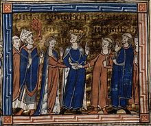 A young crowned man (surrounded by bishops and clerics) puts the hands of a young woman and man together