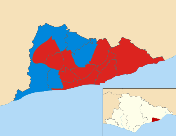 Map of the results of the 2014 Hastings council election. Labour in red and Conservatives in blue.