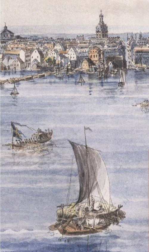 Detail of watercolour by Johan Fredrik Martin of a scene reminiscent of Ulla Winblad's journey back from Lake Mälaren to Stockholm in Epistle No. 48, 
