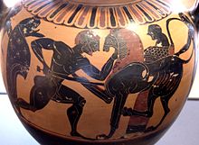 Herakles killing the Nemean Lion, front of a neck amphora by the Polyphemus Group, circa 560/540 BC. Paris: Louvre. Herakles lion Louvre E812.jpg