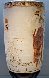 Hermes as Guide of Souls prepares to lead a woman to the afterlife (5th century BC lekythos) Hermes Psykhopompos Staatliche Antikensammlungen 2797 n2.jpg