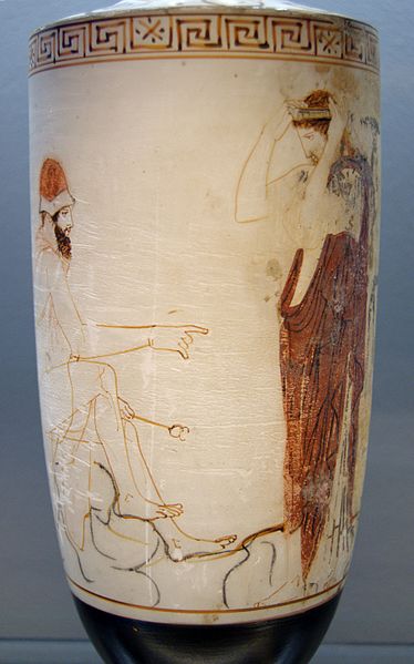 Hermes Psychopompos sits on a rock, preparing to lead a dead soul to the underworld. Attic white-ground lekythos, ca. 450 BC, Staatliche Antikensammlu
