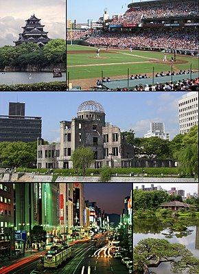 Сверху вниз, слева направо: Замок Хиросима, стадион Mazda Zoom-Zoom Stadium Hiroshima, Мемориал мира в Хиросиме, Ночной вид Хатёбори, японский сад Сюккэйэн