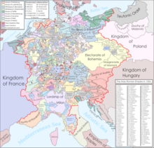 The Holy Roman Empire was a limited elective monarchy composed of hundreds of state-like entities. Golden Bull of 1356.png