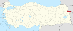 Iğdır highlighted in red on a beige political map of Turkeym