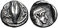 Coin of Themistocles as Governor of Magnesia. Obv: Barley grain. Rev: Possible portrait of Themistocles. Circa 465–459 BC.[49]