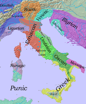 기원전 6세기 철기 시대 이탈리아의 대략적인 언어 분포