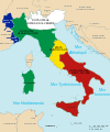 Carte de 1860 à l'issue de la deuxième guerre d'indépendance, la Lombardie et les petits duchés entrent dans le royaume de Sardaigne.