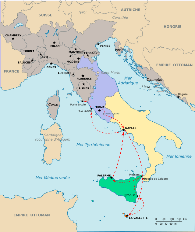 Carte géographique centrée sur l'Italie, montrant un trajet allant de Rome jusqu'à Malte puis remontant vers le nord.